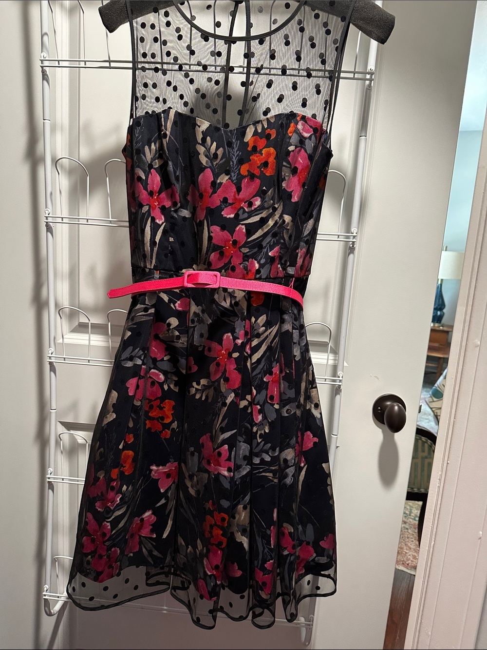 Eliza J Black Floral Mesh Fit-and-Flare Dress with Pink Belt